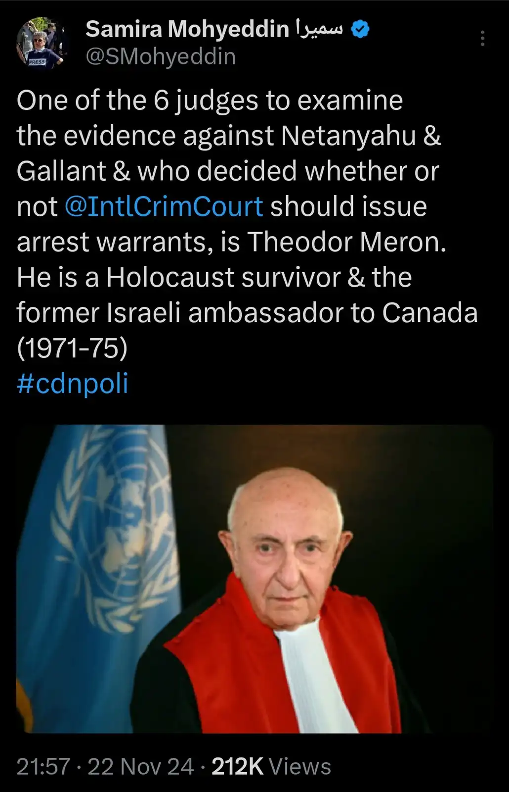 A screenshot of a tweet by Samira Mohyeddin featuring a photo of an elderly man in a red judicial robe standing in front of…