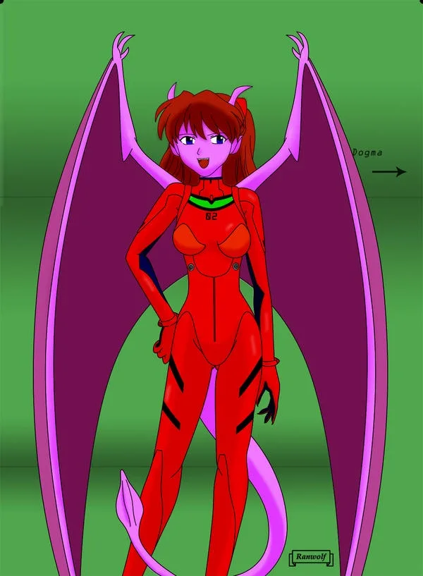 A digitally drawn anime-style female character with red hair, horns, purple wings, and a tail, wearing a red bodysuit with…