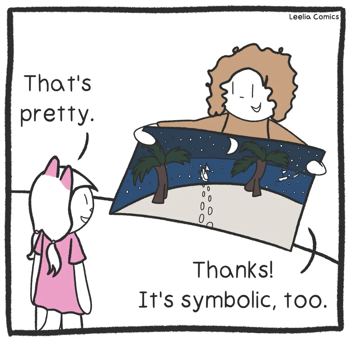 A cartoon depicts a person holding up a beach-themed blanket with palm trees, a crescent moon, and footprints leading to a…