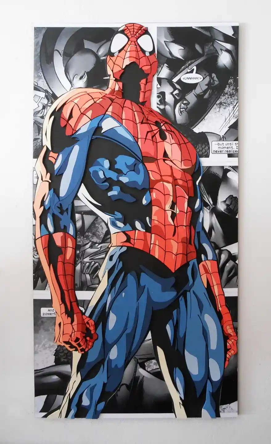 A comic book-style artwork shows Spider-Man standing with his back to the viewer, his body split vertically down the middle…