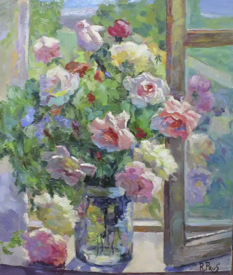 An impressionistic oil painting shows a vibrant bouquet of pink, white, and red roses overflowing from a glass jar on a…