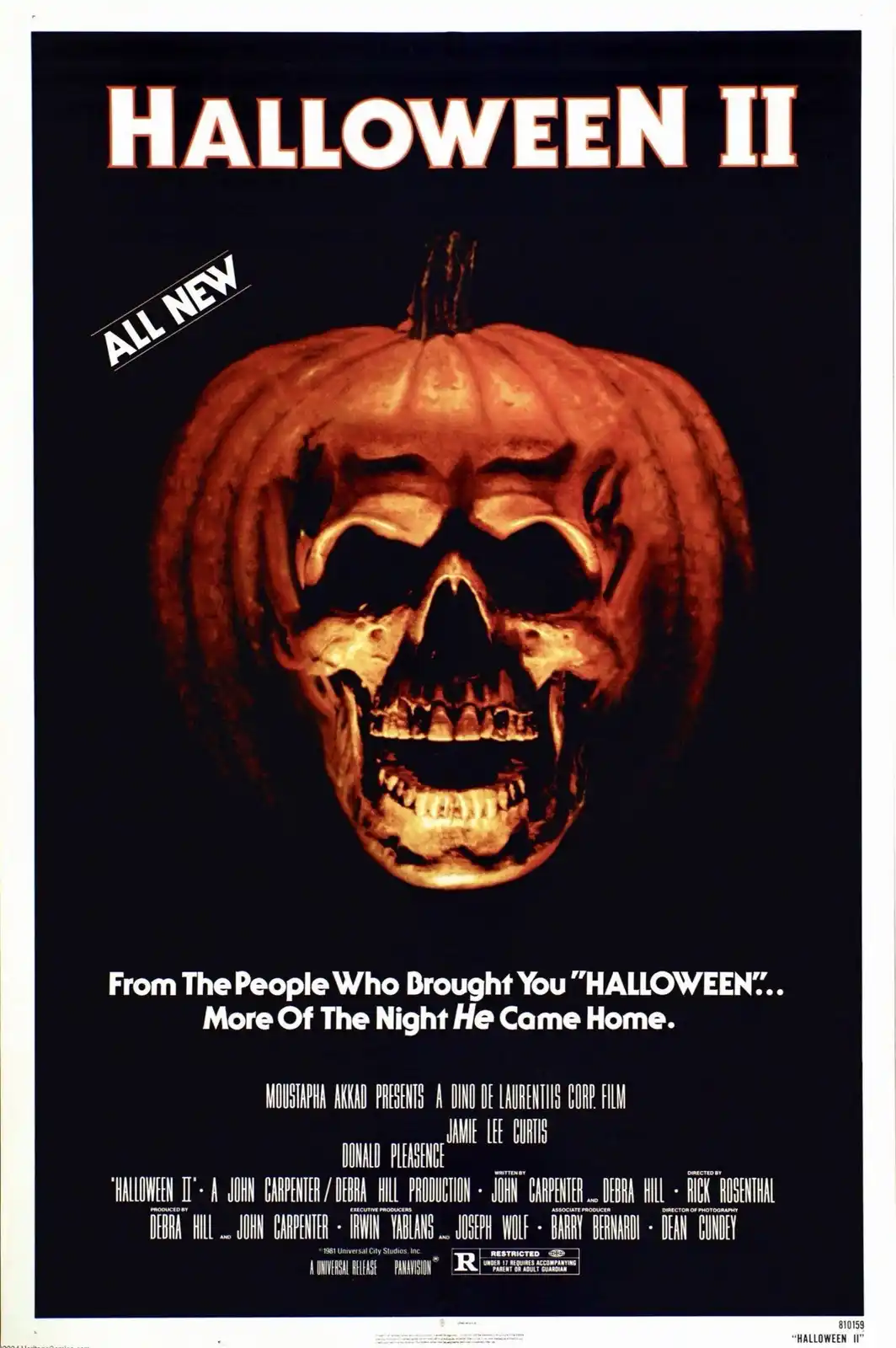 The image is a movie poster for 'Halloween II' featuring a large, orange pumpkin carved with a menacing human skull face…