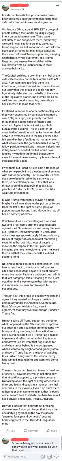 A screenshot of a long Facebook post by a user wearing a green hard hat, detailing their emotional and conflicted…