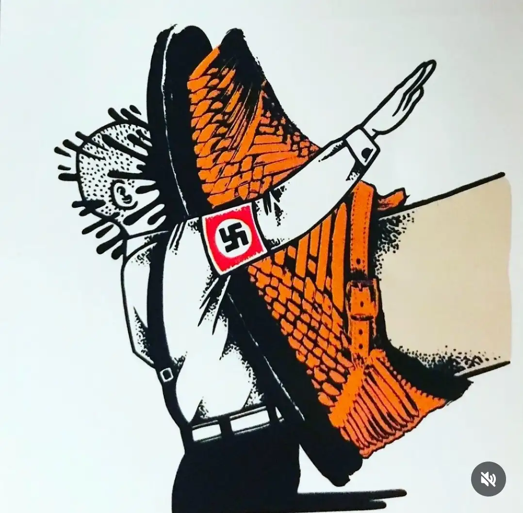 A cartoon drawing of a person in a white shirt and black pants, wearing a red armband with a swastika, performing the dab…