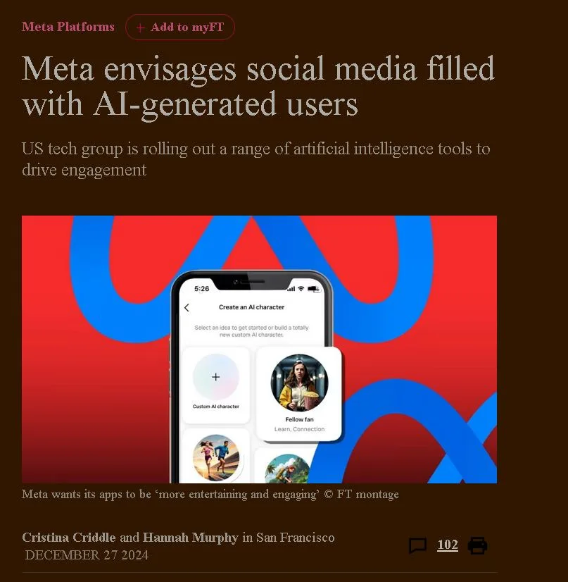 A screenshot of a Financial Times article about Meta's AI user plans, overlaid with a phone mockup showing 'Create an AI…