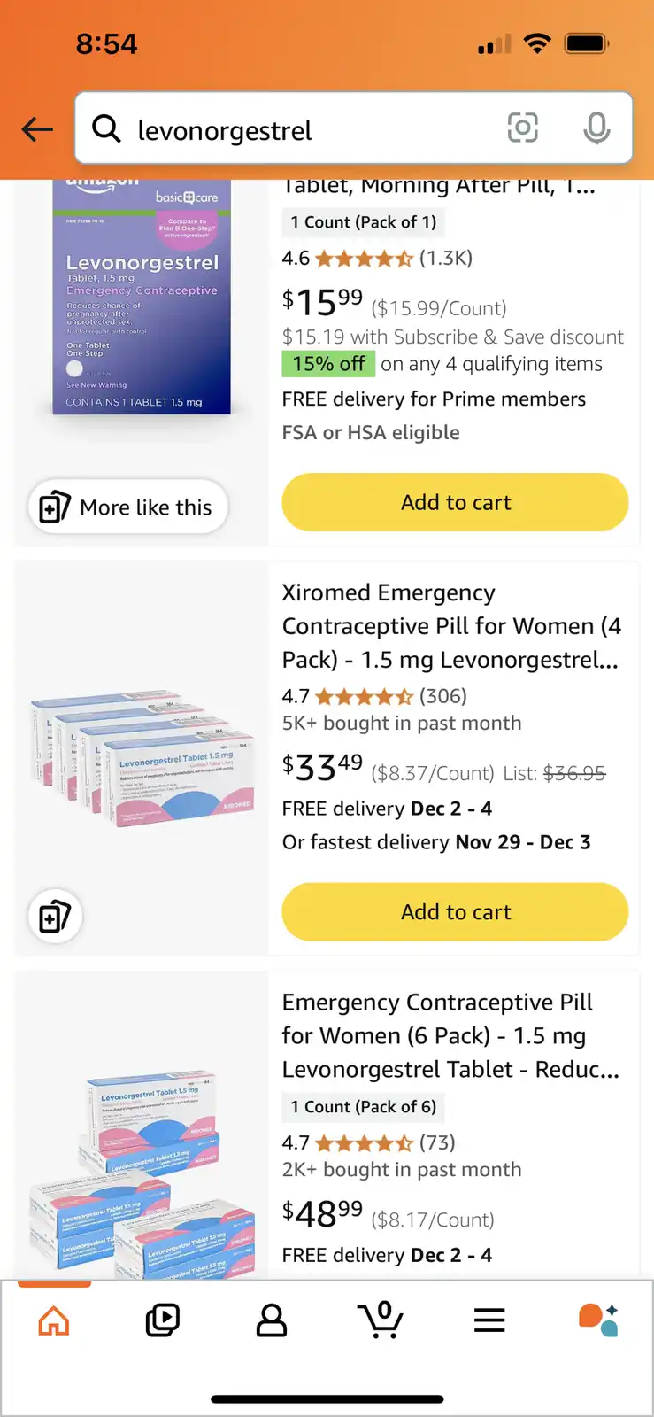 An amazon mobile app screenshot showing search results for 'levonorgestrel', displaying three different emergency…