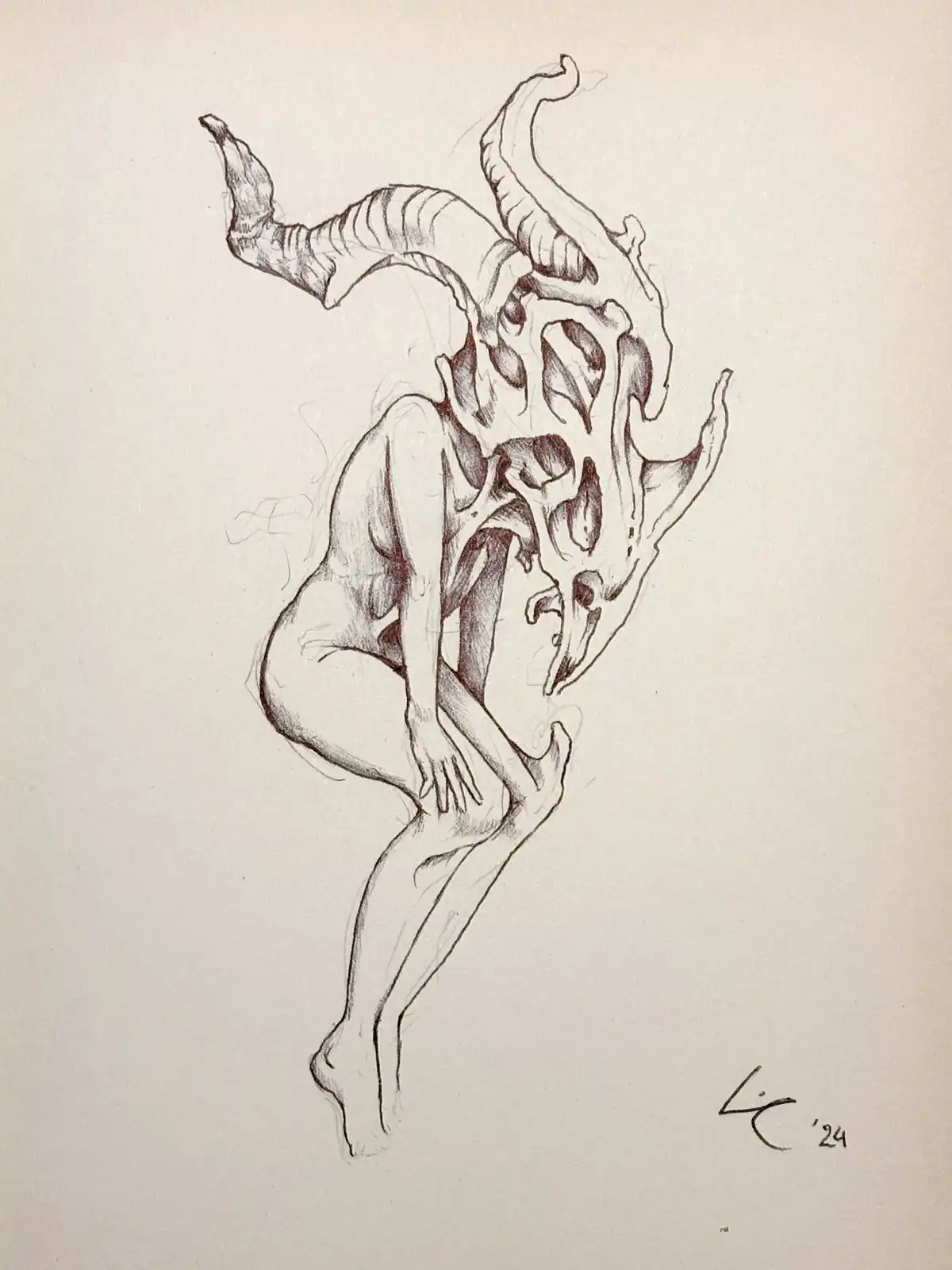 A pencil sketch depicts a humanoid figure with a grotesque, melting, and distorted head that resembles a demonic or alien…