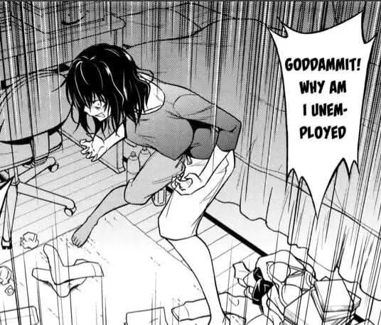 A black-and-white manga panel shows a distressed young woman with dark hair, wearing a tank top and shorts, frantically…