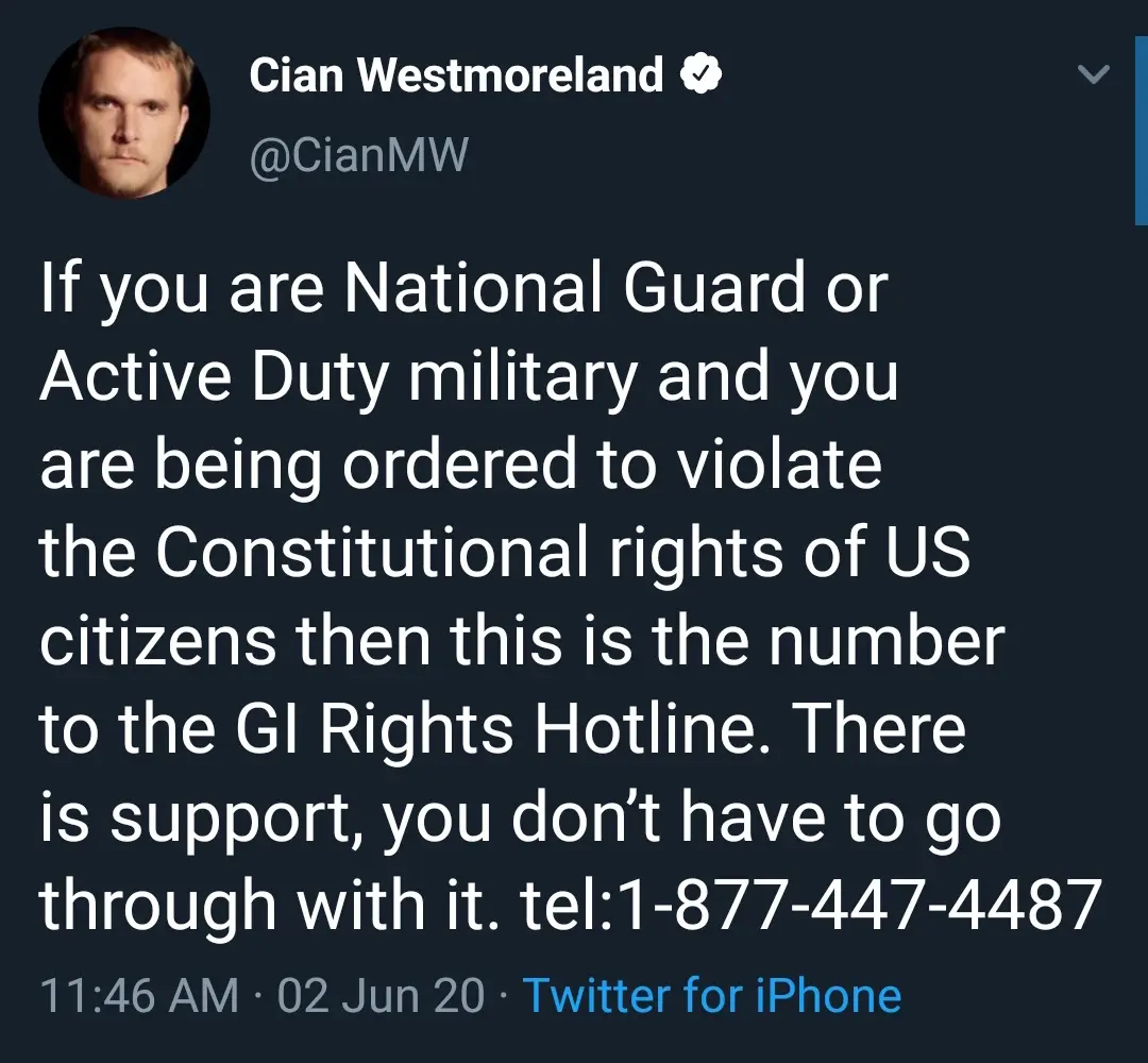 A screenshot of a verified Twitter post by Cian Westmoreland, displaying a message advising National Guard or Active Duty…
