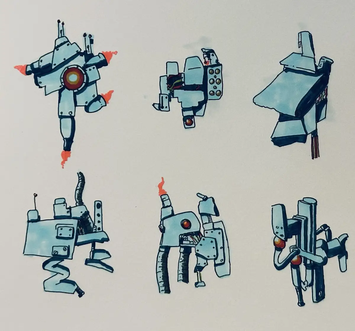 Six hand-drawn, stylized robot designs in a light blue and black color scheme are arranged in two rows on a plain…