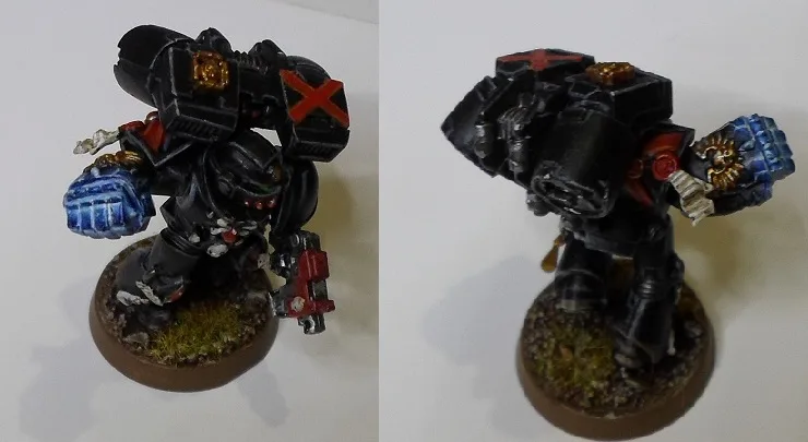 Two side-by-side photos of a heavily armored miniature figure, likely a Warhammer 40k Space Marine, showing the same model…