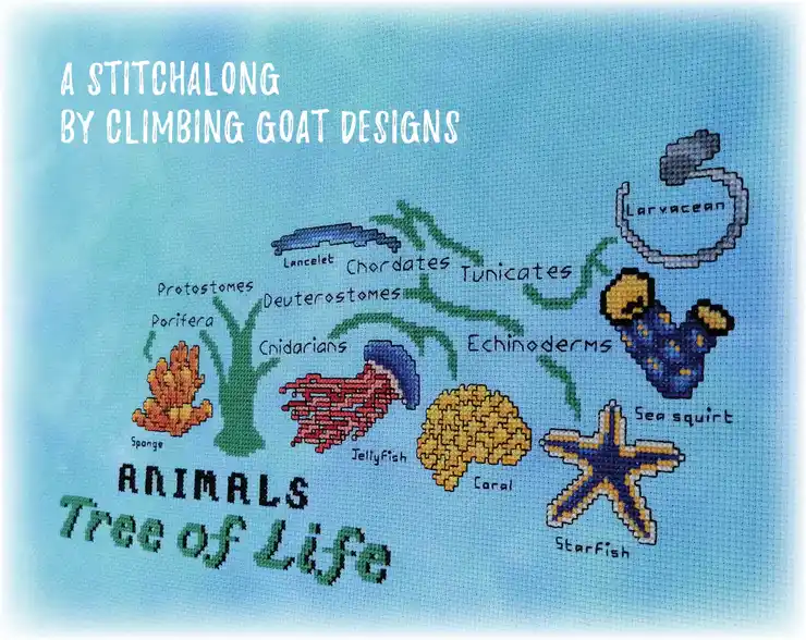 A cross-stitch pattern depicting a simplified 'Tree of Life' with animal groups like sponges, jellyfish, coral, starfish…