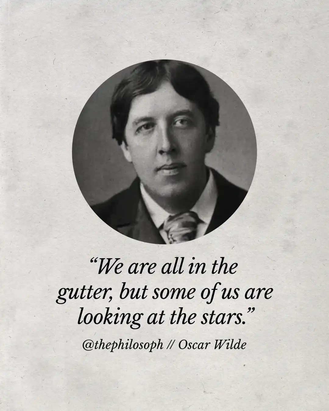 A vintage-style black and white portrait of Oscar Wilde is centered in a circular frame against a textured off-white…