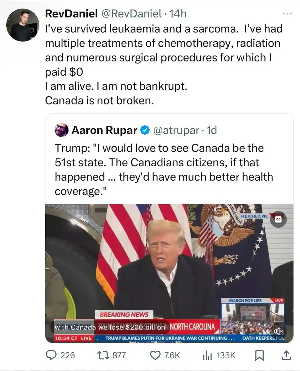 A screenshot of a tweet thread shows a user named RevDaniel sharing that they survived cancer and paid $0 for treatment…