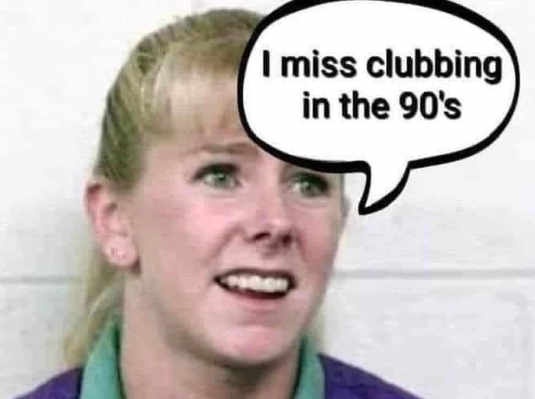 A woman with blonde hair in a ponytail and a purple shirt looks distressed with a speech bubble above her head that reads 'I…