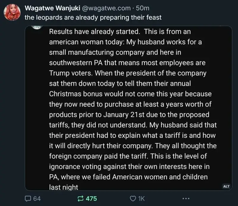 A screenshot of a tweet by Wagatwe Wanjuki showing a long text post about employees in Pennsylvania misunderstanding…