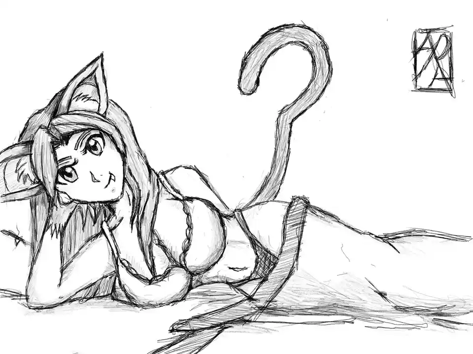 A black-and-white sketch shows an anime-style girl with cat ears and a long, curved tail lying on her stomach. She has a…