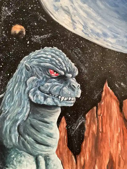 A painted depiction of a large, blue, reptilian monster with red eyes and sharp teeth, standing on a rocky, reddish-orange…