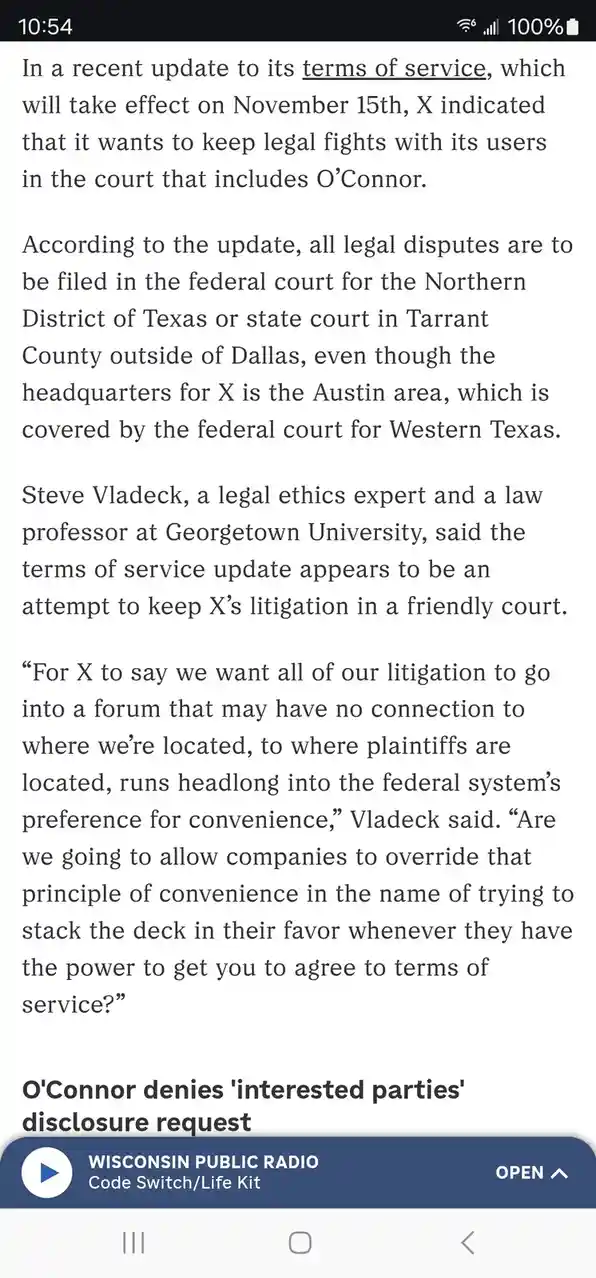 A screenshot of a news article about X's updated terms of service requiring legal disputes to be filed in specific Texas…