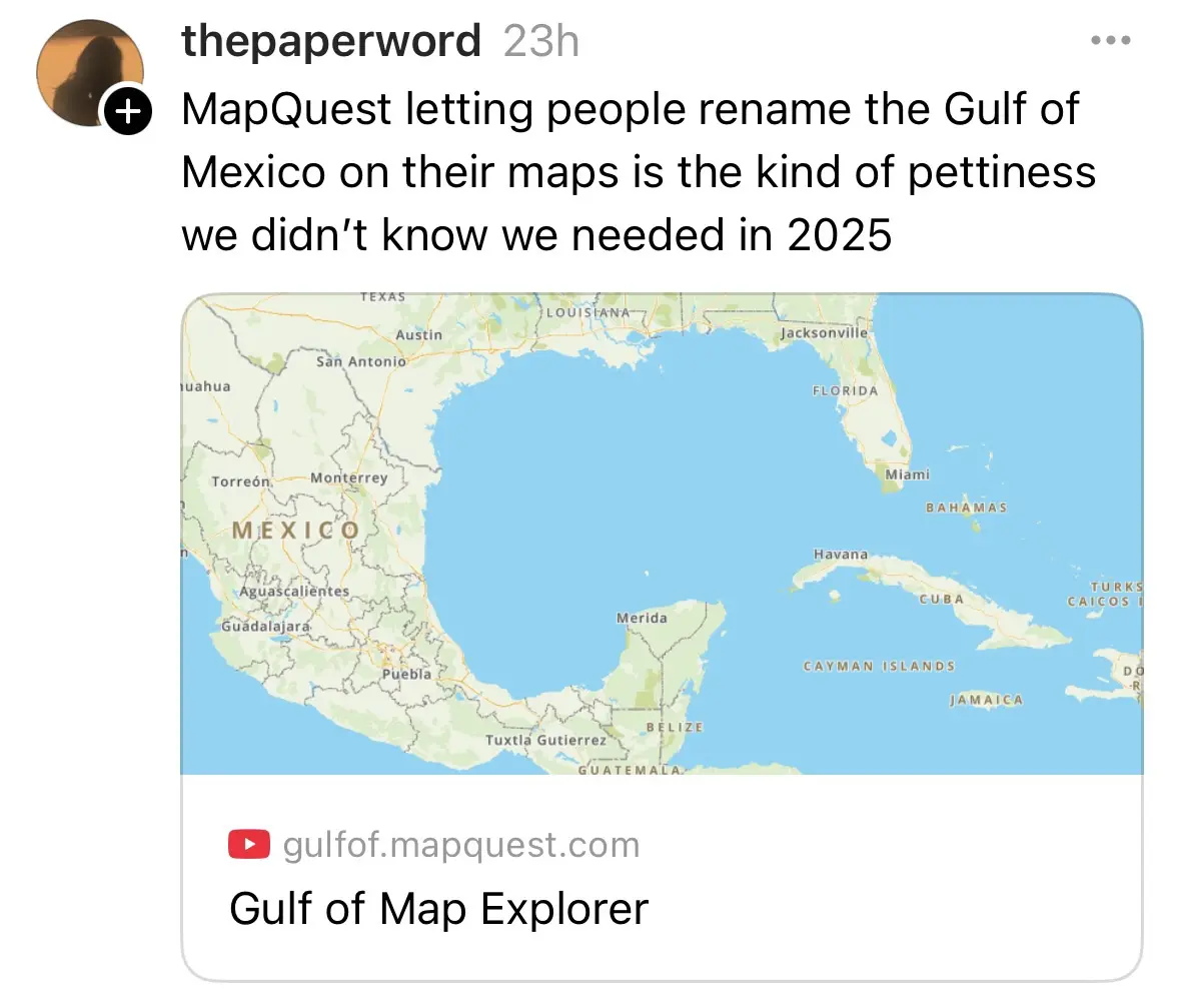 A screenshot of a social media post showing a MapQuest map of the Gulf of Mexico region, with overlaid text reading…