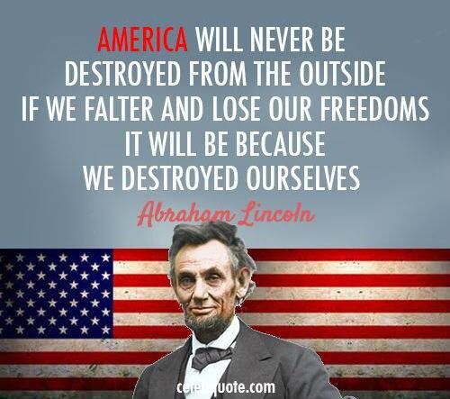 The image features a portrait of Abraham Lincoln superimposed over a faded American flag. Overlaid text in red and white…