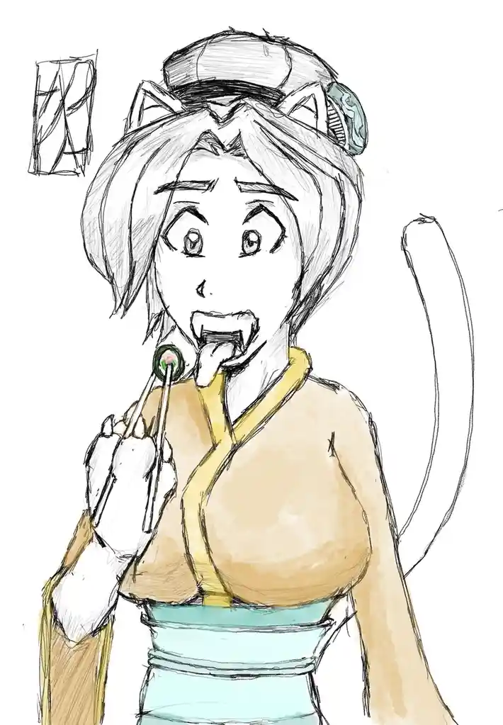 A hand-drawn anime-style sketch shows a female character with cat ears, a tail, and a surprised expression, holding a…
