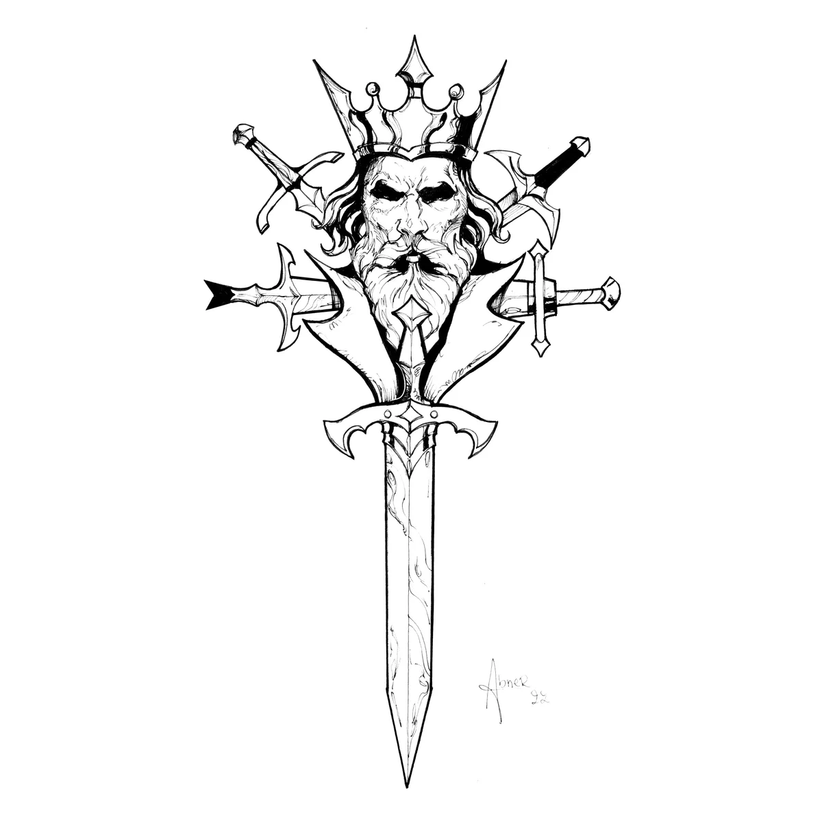 A black and white line drawing shows a crowned, bearded king's head with a stern expression, surrounded by four crossed…