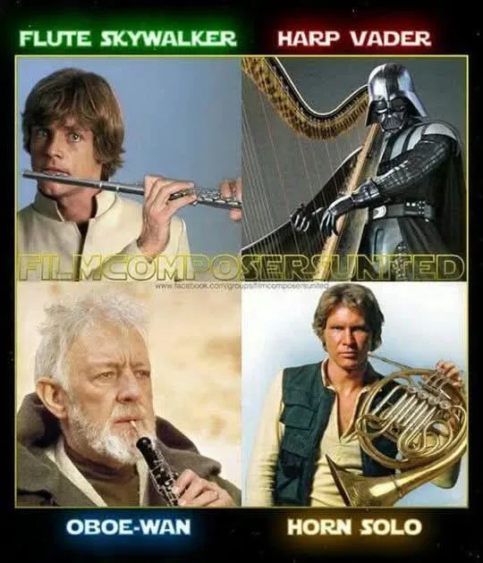A four-panel image shows Star Wars characters holding musical instruments: Luke Skywalker with a flute, Darth Vader with a…