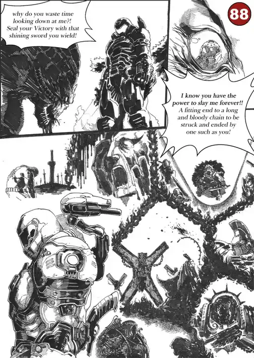 A black-and-white manga panel shows a heavily armored warrior facing a monstrous, skeletal figure. The warrior speaks in a…