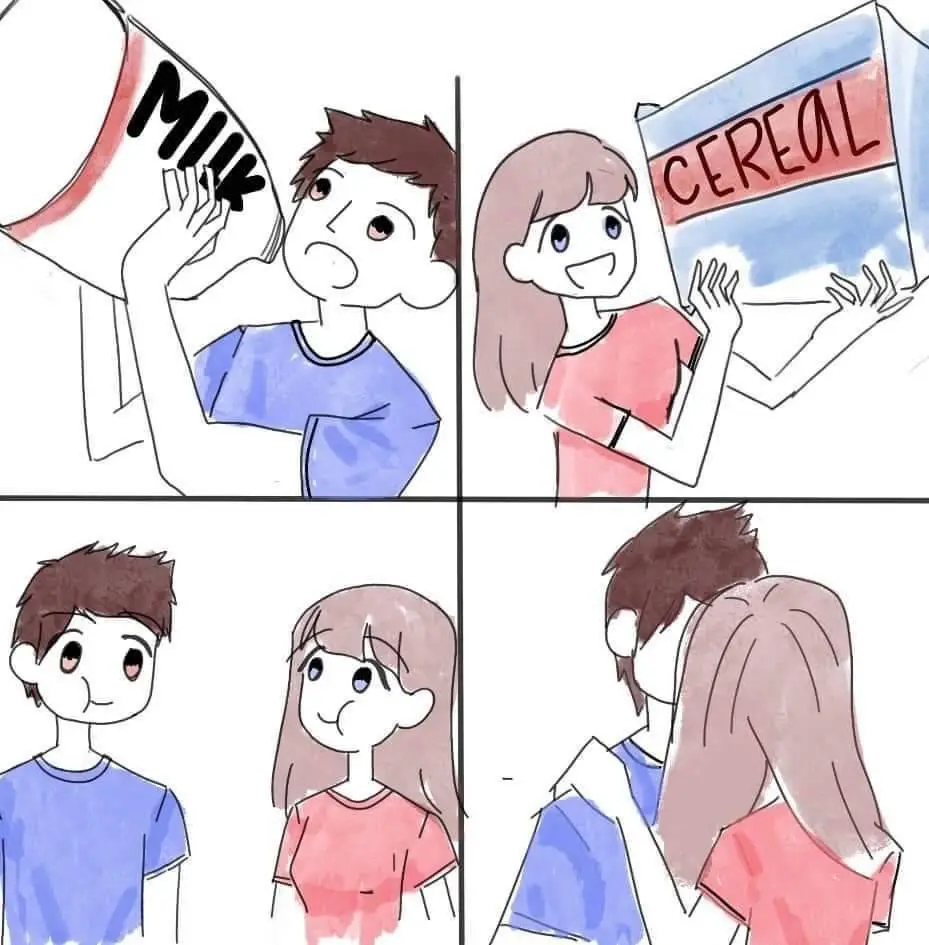 A four-panel comic shows a boy holding a milk carton and a girl holding a cereal box, both smiling. They then face each…