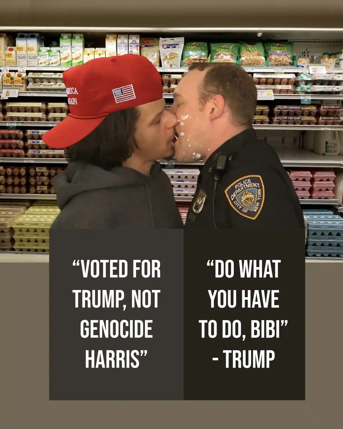 Two people are kissing in a grocery store's egg aisle. The person on the left wears a red 'Make America Great Again' cap and…