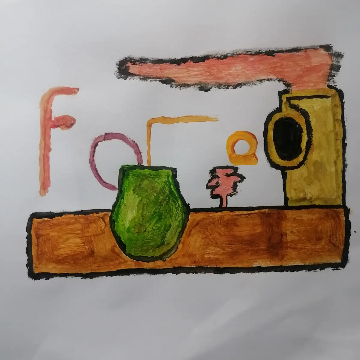 A child's crayon drawing depicts a simple scene with a green vase on a brown shelf, a small pink tree, and a yellow…