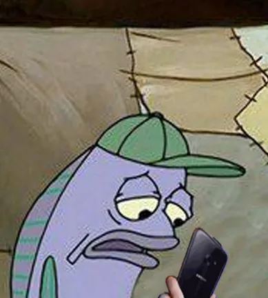 A cartoon fish wearing a green baseball cap looks down at a black smartphone with a bored, disappointed expression. The…