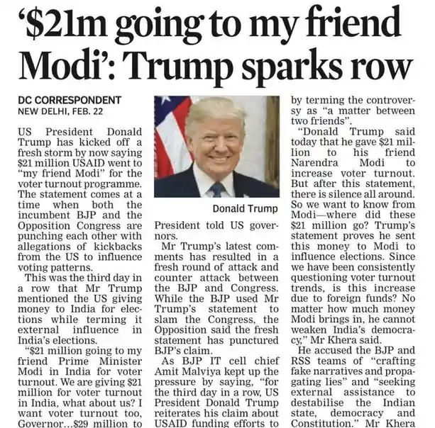 A newspaper article with a photo of Donald Trump smiling, overlaid with the headline '$21m going to my friend Modi: Trump…