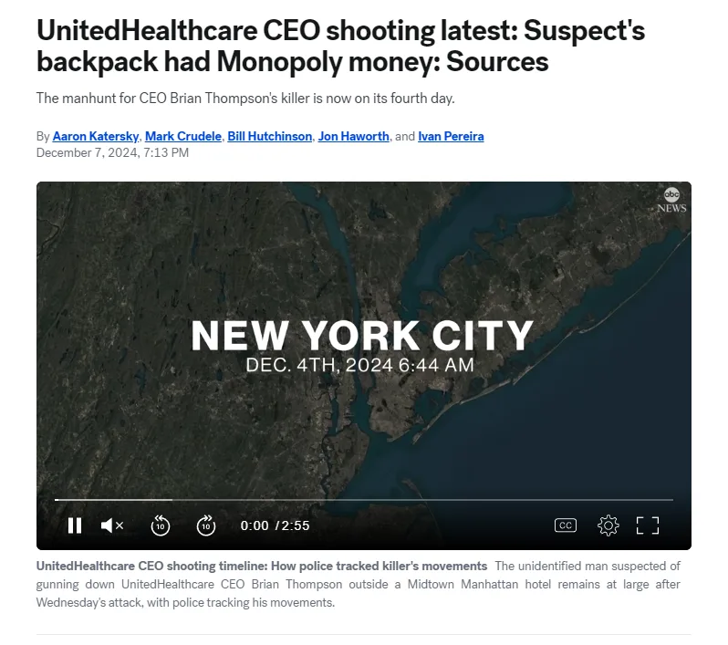A screenshot of an ABC News article headline about the UnitedHealthcare CEO shooting, overlaid on a satellite image of New…