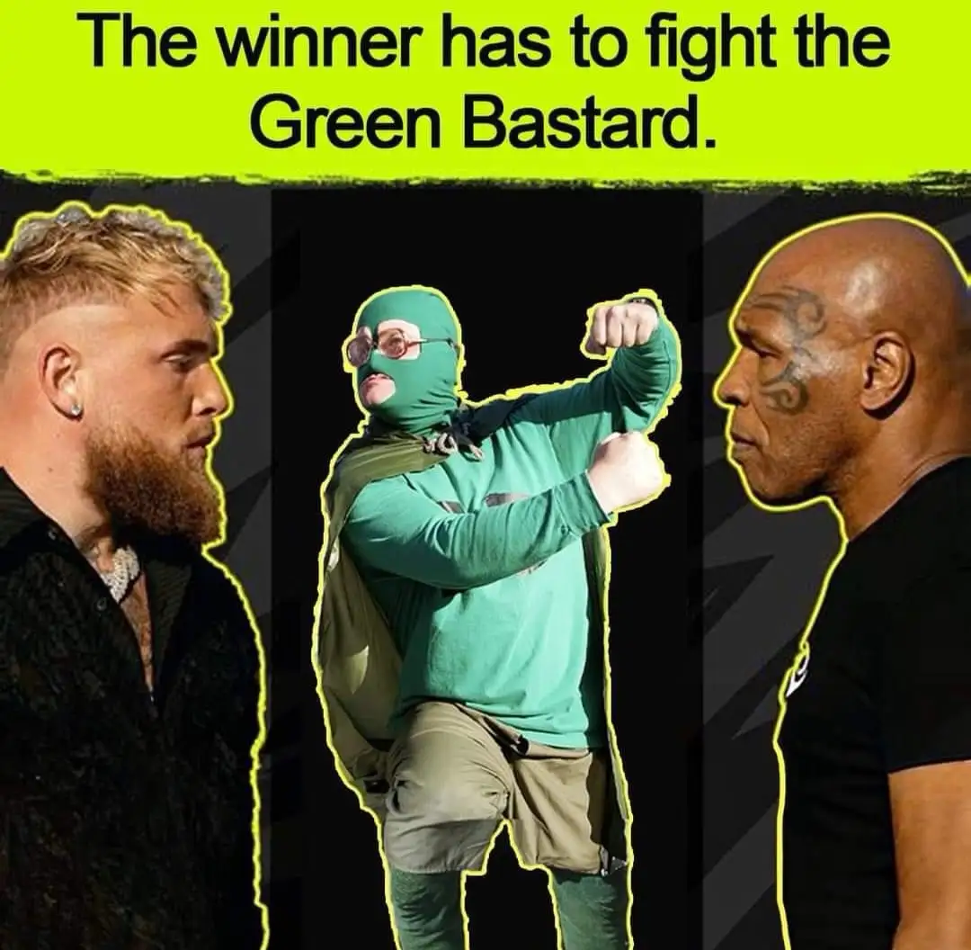 The image shows two men facing each other, flanking a central figure in a green balaclava, green shirt, and sunglasses…