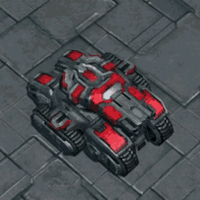 A six-panel grid shows a red and gray mechanical tank unit undergoing a transformation sequence on a gray tiled floor…