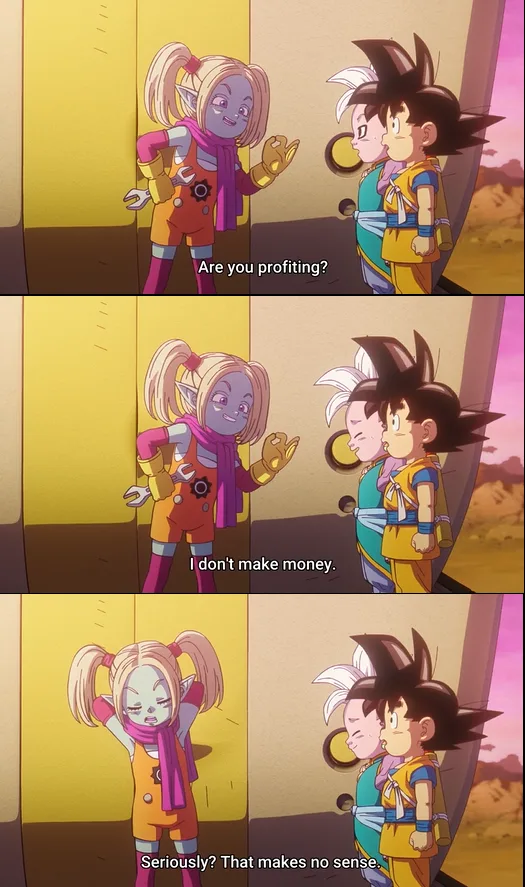 Three panels from an anime show a blonde, purple-skinned character with pigtails asking two boys if they are profiting. The…