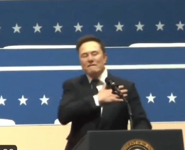 A six-panel image sequence shows elon musk at a podium with a blue starry backdrop, initially placing his hand over his…