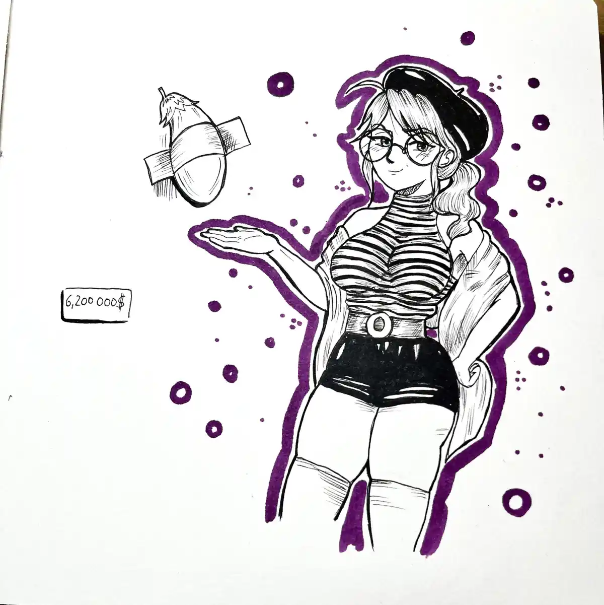 A hand-drawn anime-style illustration shows a woman with glasses and a beret, outlined in purple, levitating an eggplant…