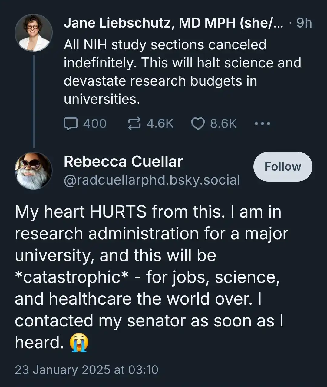A screenshot of a social media thread shows Jane Liebschutz, MD MPH, announcing that all NIH study sections are canceled…