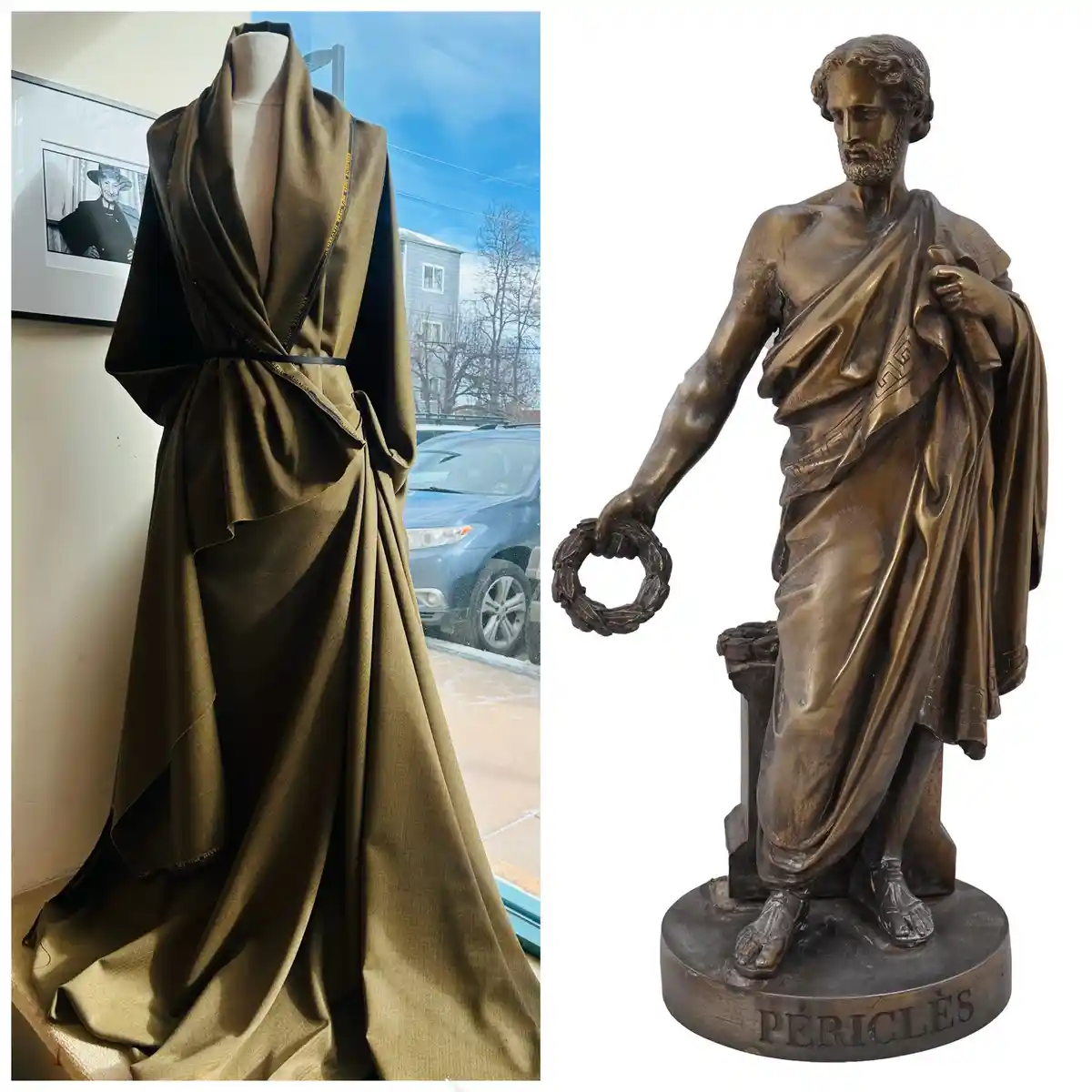 The image displays a side-by-side comparison: on the left, a modern olive-green robe with gold trim displayed on a mannequin…
