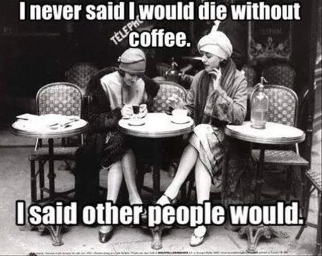 A vintage black-and-white photo shows two women in 1920s-style clothing sitting at separate café tables, each with a cup of…