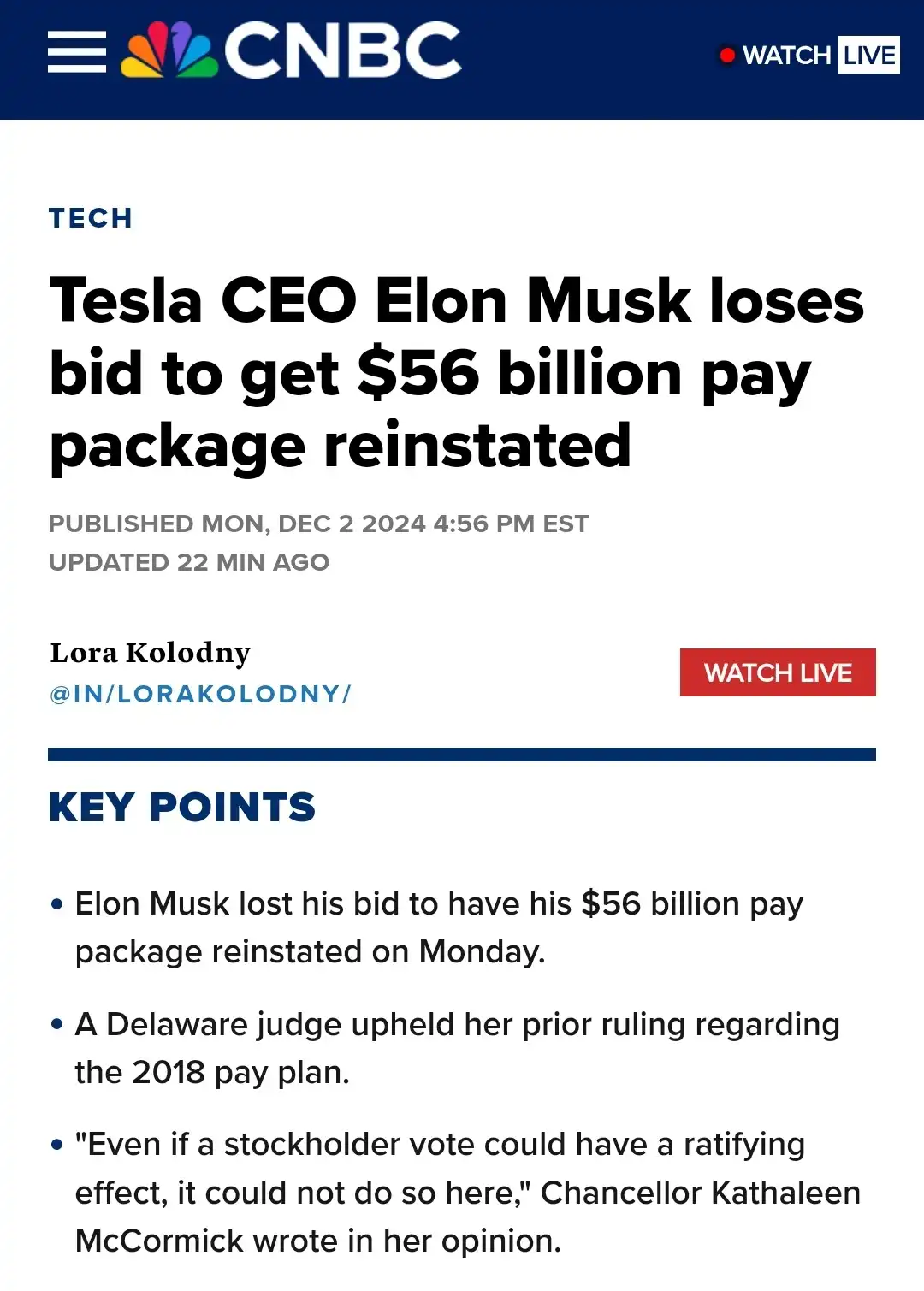 A screenshot of a CNBC news article with the headline 'Tesla CEO Elon Musk loses bid to get $56 billion pay package…