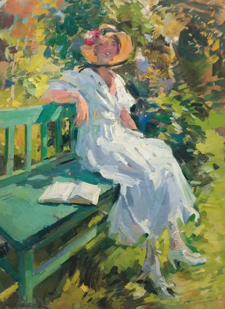 A woman in a white dress and yellow hat sits on a green bench in a garden, smiling contentedly with an open book beside her…