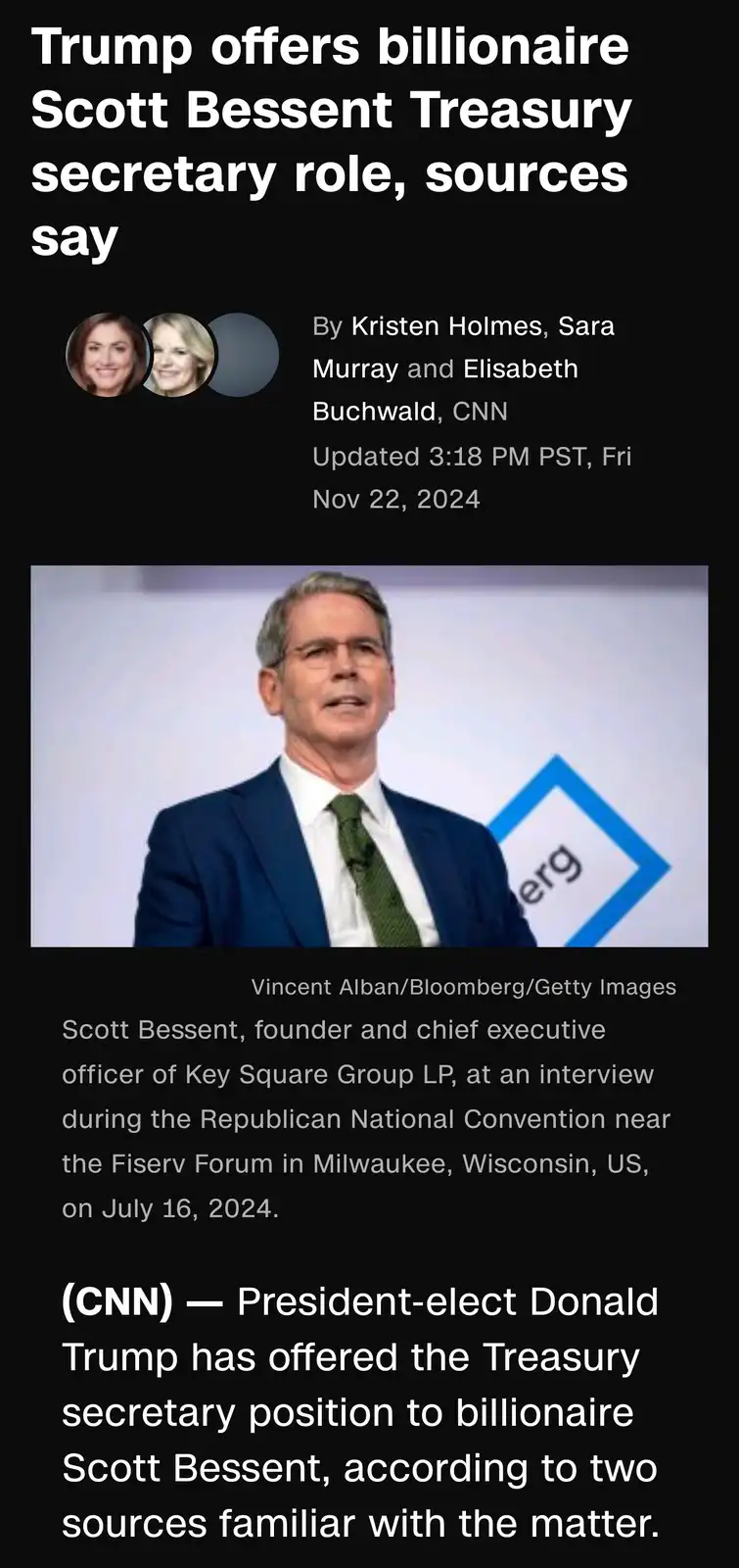 The image displays a screenshot of a CNN news article dated November 22, 2024, reporting that President-elect Donald Trump…