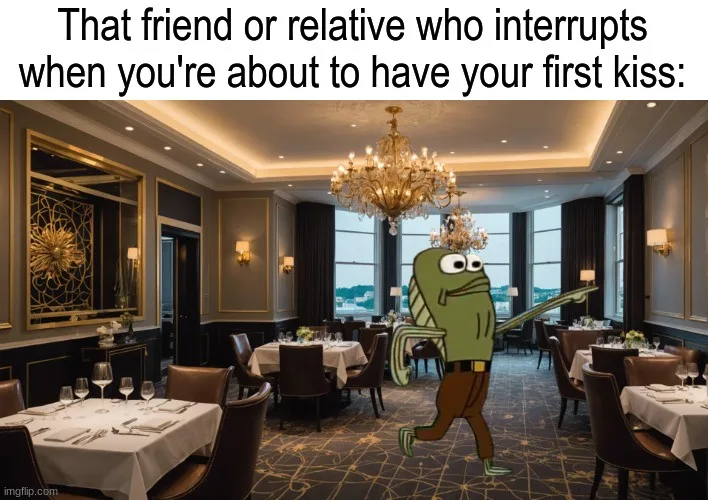 An image of a fancy, empty restaurant with chandeliers and set tables. A cartoon green frog character, resembling the…