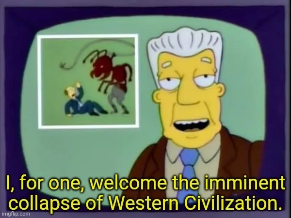 A still from The Simpsons shows a TV screen with a cartoon of a bull charging a man while a man with white hair and a suit…