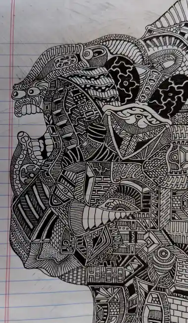 A black-and-white ink drawing on lined notebook paper depicts a highly detailed, abstract, and ornate illustration of a…