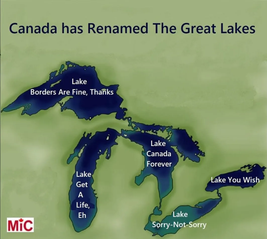 A map of the Great Lakes with humorous fake names overlaid on each lake. Lake Superior is labeled 'Lake Borders Are Fine…